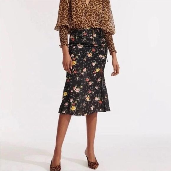 Veronica Beard Black Floral Vanity Silk Midi Skirt Size 4 - Picture 1 of 9